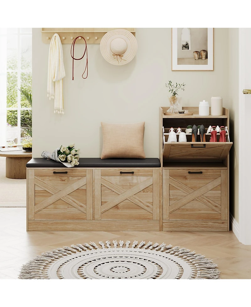 homfan Shoe Storage Bench with 4 Flip Drawers and Padded Seat for Entryway