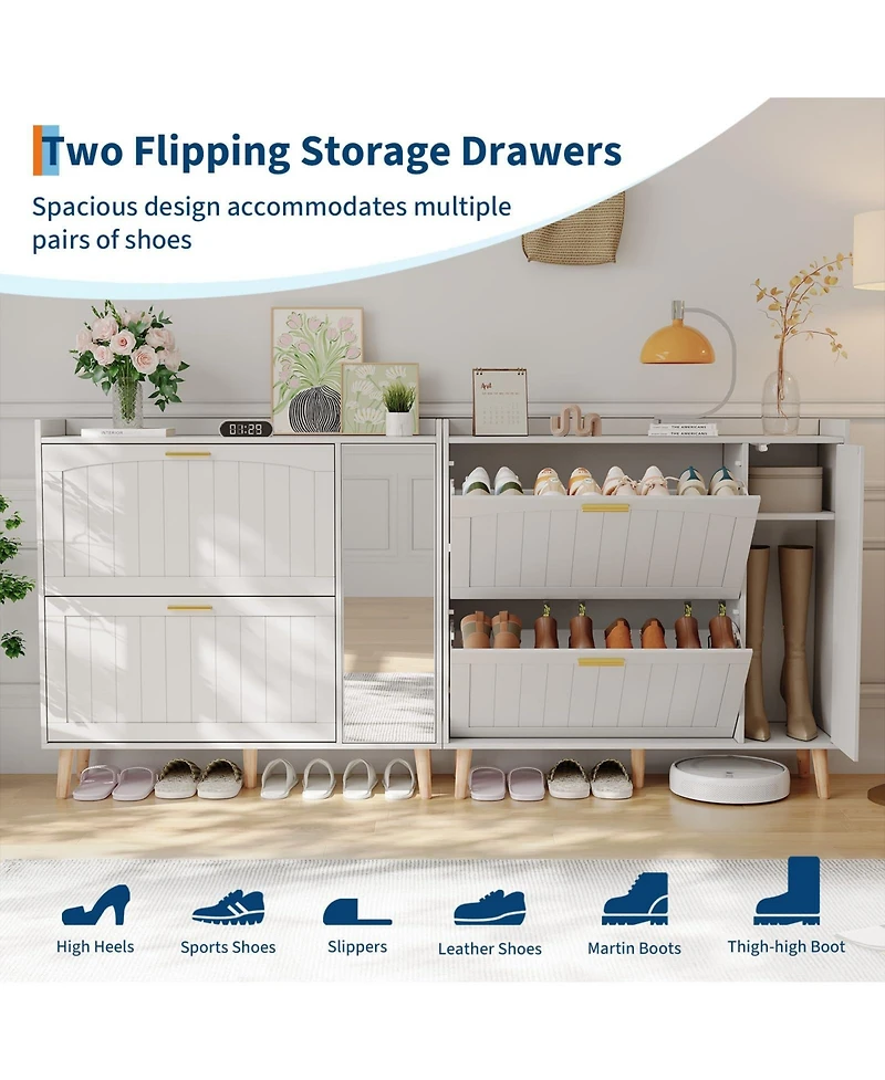 homfan Wooden Shoe Cabinet with Mirror, 2 Flip Drawers and Side Storage, Entryway Organizer