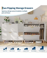 homfan Wooden Shoe Cabinet with Mirror, 2 Flip Drawers and Side Storage, Entryway Organizer