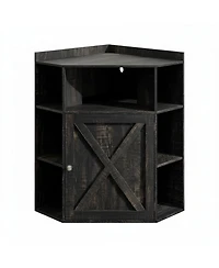 Yigii Industrial Corner Storage Shelf with Charging Station 6-Cubby Wooden Organizer for Small Spaces