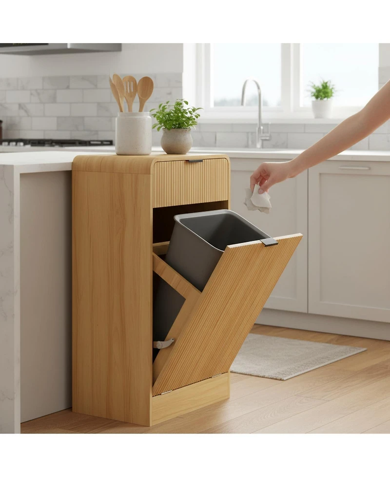 Yigii 10 Gallons Tilt-out Trash Can Cabinet Fluted Laundry Hamper Drawers Freestanding Pet Proof Kitchen Living Room