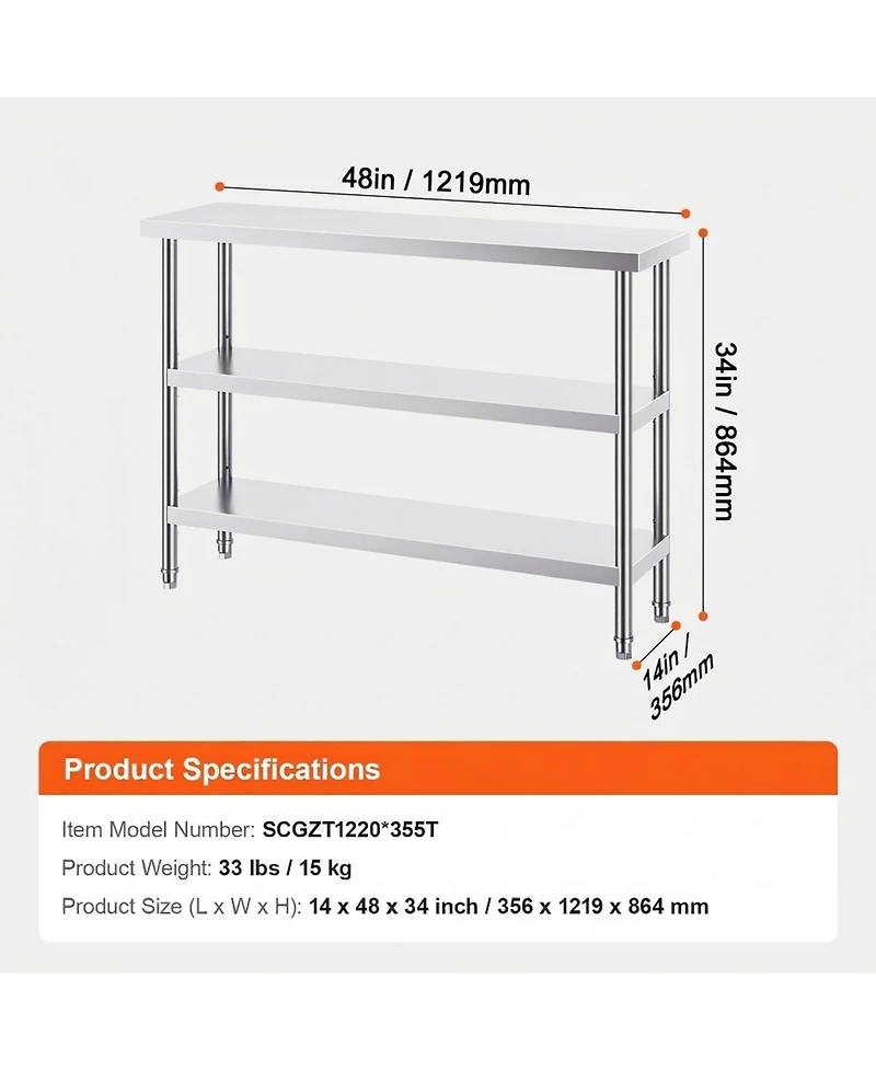 Sugift Stainless Steel Food Prep Table 14 x 48 x 34 in with Adjustable Undershelf for Kitchen