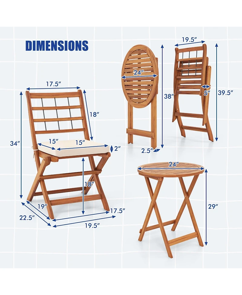 sumyeg 3-Piece Acacia Wood Patio Bistro Set with Seat Cushions