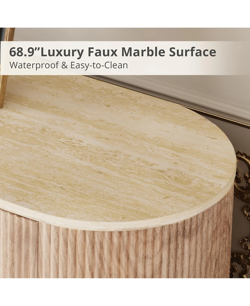 Rainsken 69" Curved Tv Stand for TVs Up to 80 Inches, Modern Media Console Table with Wavy Acrylic Doors and Large Storage for Living Room