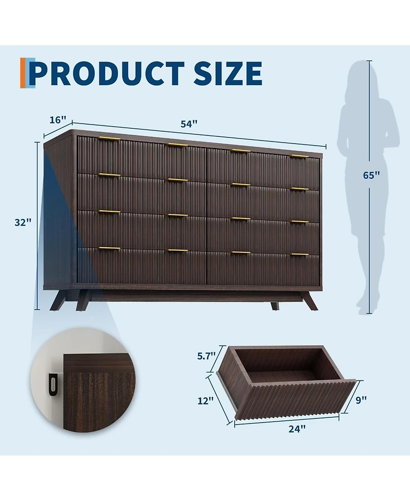 gaomon Modern Fluted Dresser with 8 Drawers and Faux Marble Top