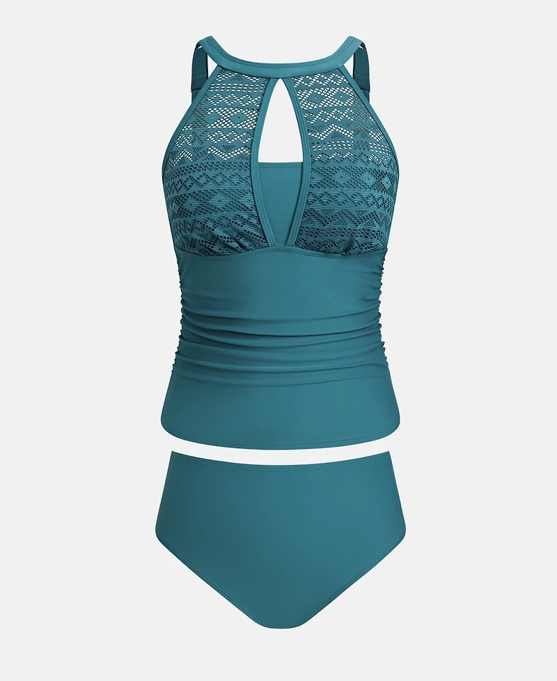 Cupshe Women's High Neck Mesh Cutouts Adjustable Straps Tankini Sets