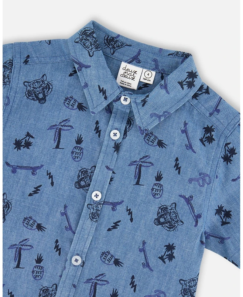 Deux par Deux Little Boys Chambray Short-Sleeve Shirt Blue Printed Skateboards