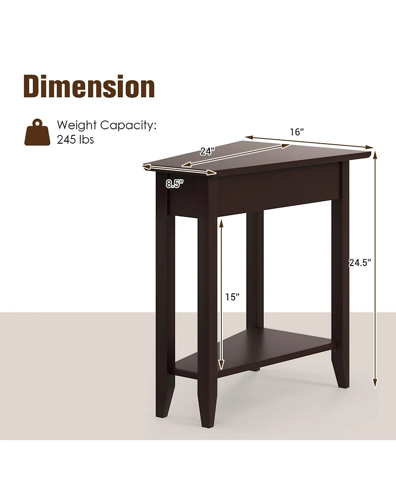sumyeg 2-Tier Wedge Narrow End Table with Storage Shelf and Solid Wood Legs
