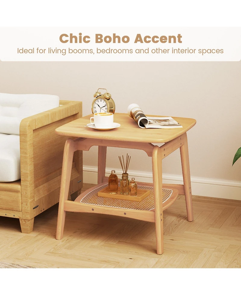 sumyeg Boho Bamboo Sofa Side Table with Faux Rattan Storage Shelf