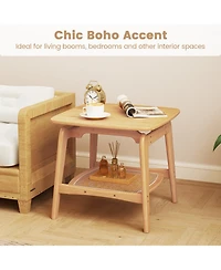 sumyeg Boho Bamboo Sofa Side Table with Faux Rattan Storage Shelf