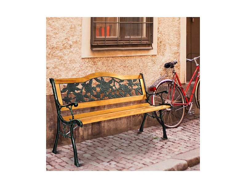 Clihome Garden Bench Chair Outdoor Wooden Loveseat with Iron Armrest