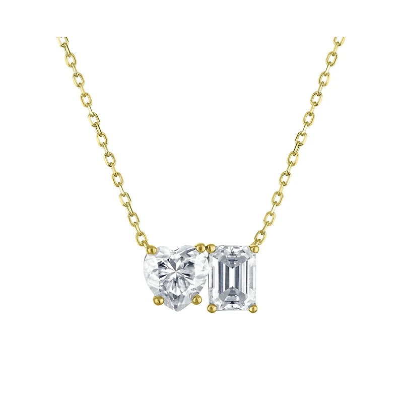 Dloria 2 ct. t.w. Toi et Moi Moissanite Necklace (Heart and Emerald-Cut, Color D, Fl Clarity) in Gold Vermeil