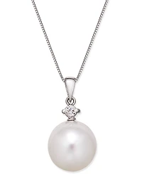 Cultured White South Sea Pearl (12mm) and Diamond (1/10 ct. t.w.) Pendant Necklace in 14k White Gold