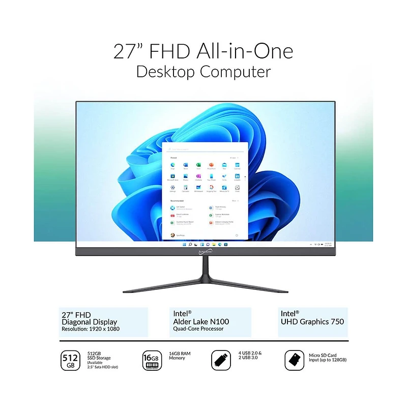Supersonic 27" All-In-One Desktop Computer Intel Quad-Core N100 16GB Ram 512GB Ssd Intel Uhd Graphics Windows 11 – Gray
