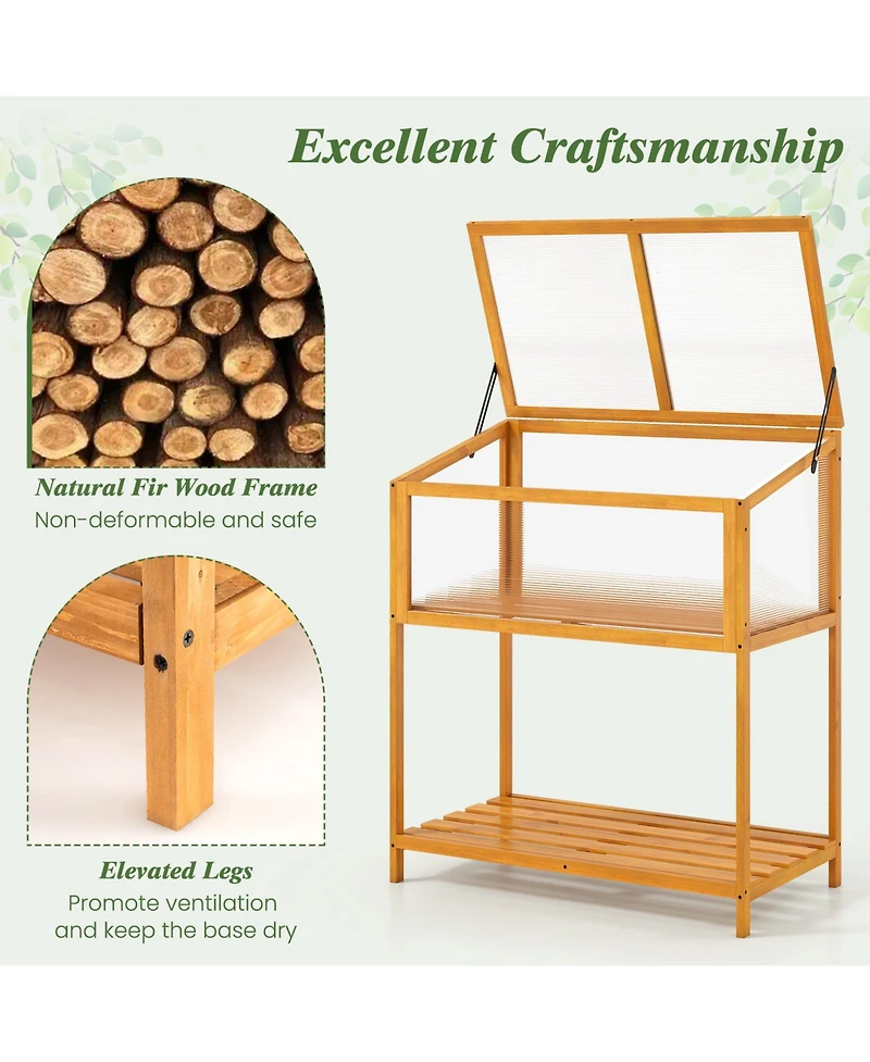 Sugift Wood Cold Frame Greenhouse with Transparent Openable Roof and Slatted Storage Shelf