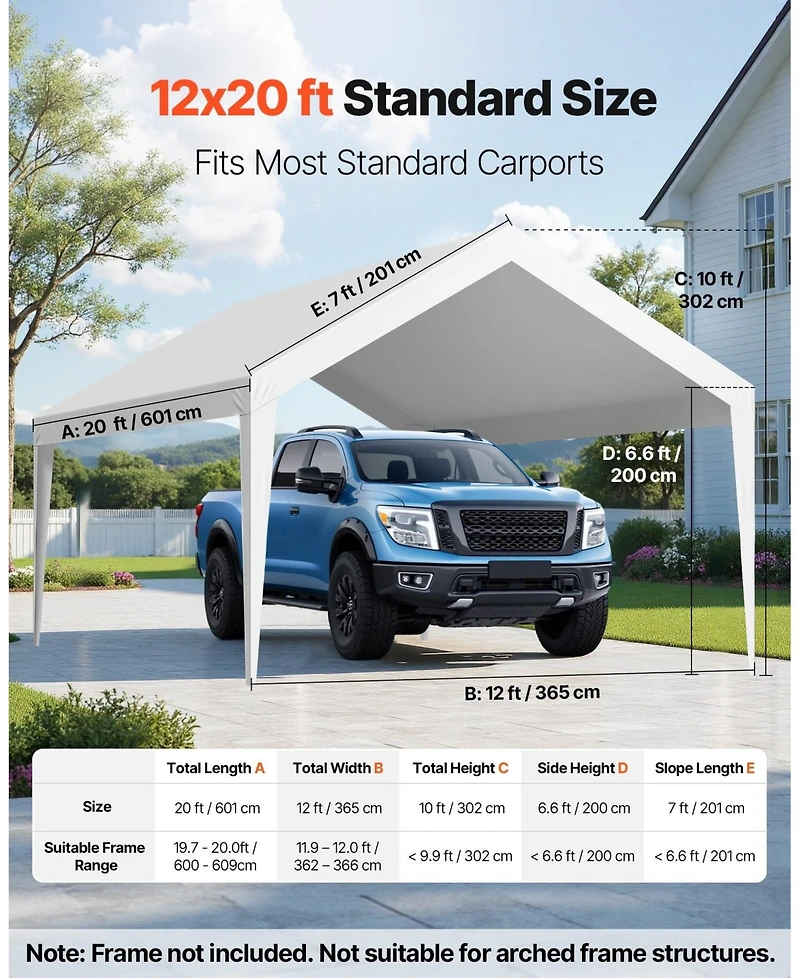 Sugift 12 x 20 ft Waterproof Carport Replacement Canopy Cover Car Shelter Tarp Frame Not Included