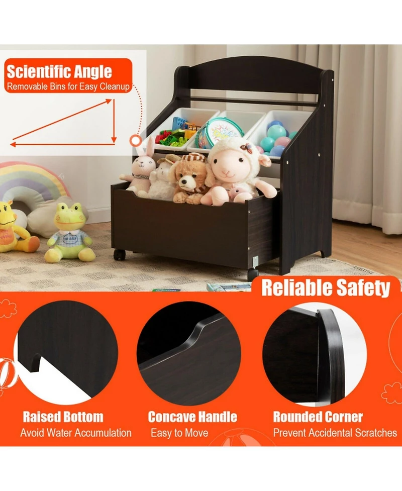 Gouun Kids Toy Storage Unit Organizer with Rolling Toy Box and Removable Plastic Bins