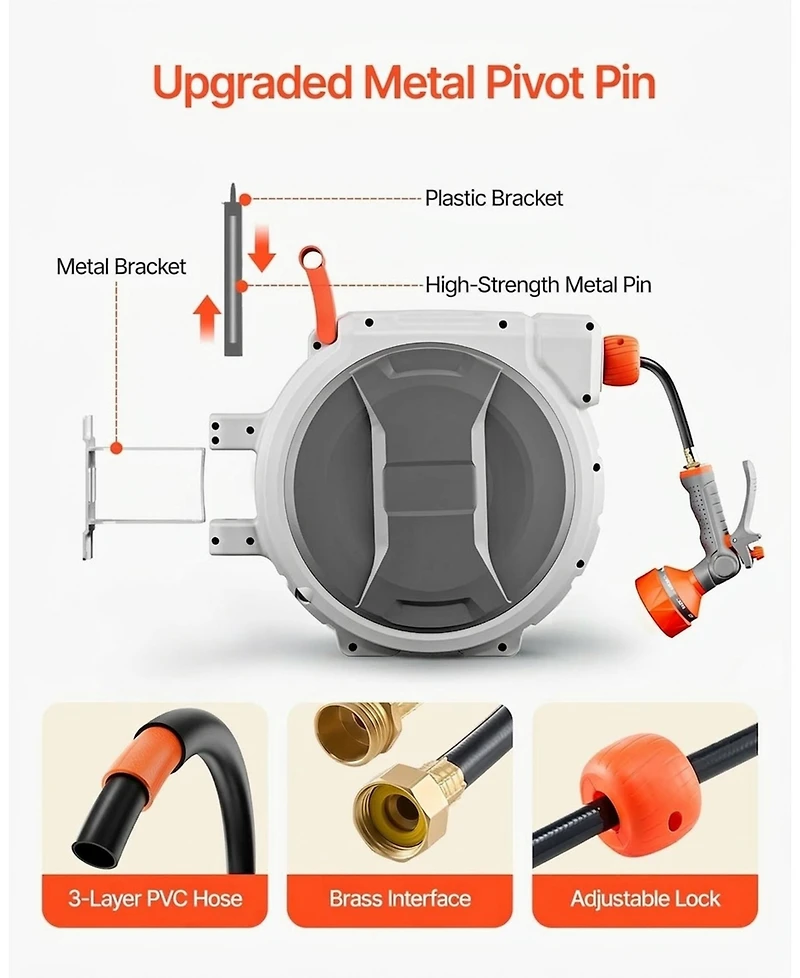 Sugift Retractable Hose Reel 1/2in x 145 ft Wall-Mounted Heavy Duty for Outdoors