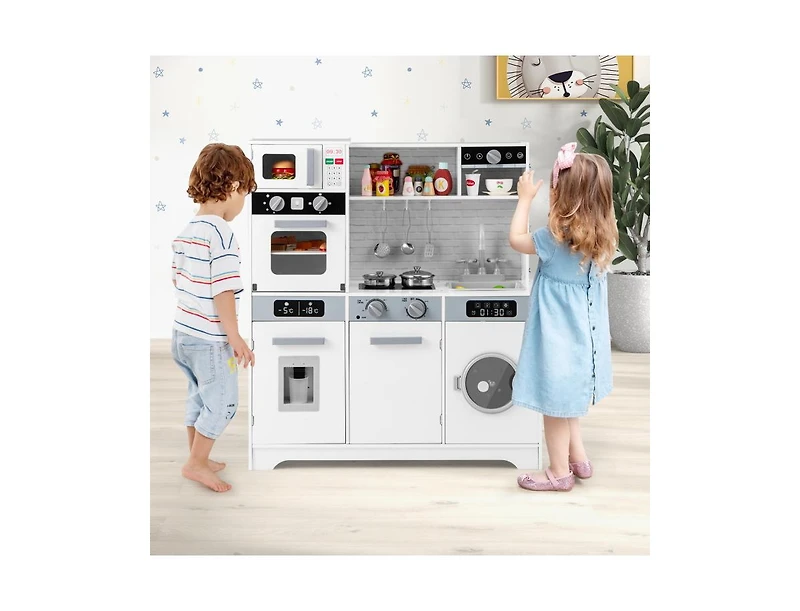 Hongge Pretend Play Kitchen Wooden Toy Set with Real Lights and Sounds