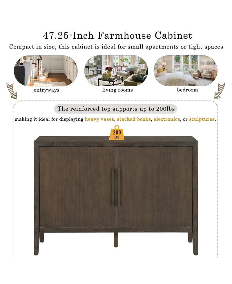 Rainsken Farmhouse Sideboard, 47.25" Wooden Buffet Cabinet with Pine Veneer, Adjustable Feet and Metal Handles for Living Room, Kitchen