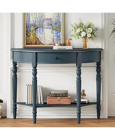 Rainsken Farmhouse Curved Console Table, Half Moon Accent Table with Storage Drawer and Lower Shelf, Sofa Table for Entryway, Living Room