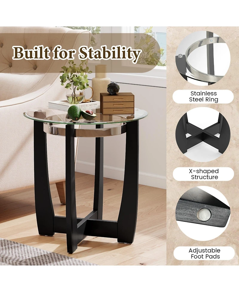 Gouun 24 in Round Accent Side Table with Tempered Glass Top and Rubber Wood Base