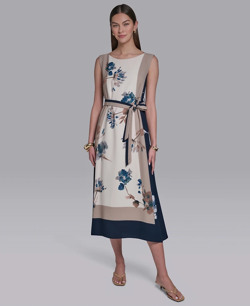 Halston Women's Sleeveless Self Belt Floral Printed Midi Dress