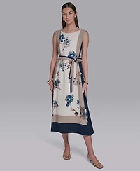 Halston Women's Sleeveless Self Belt Floral Printed Midi Dress