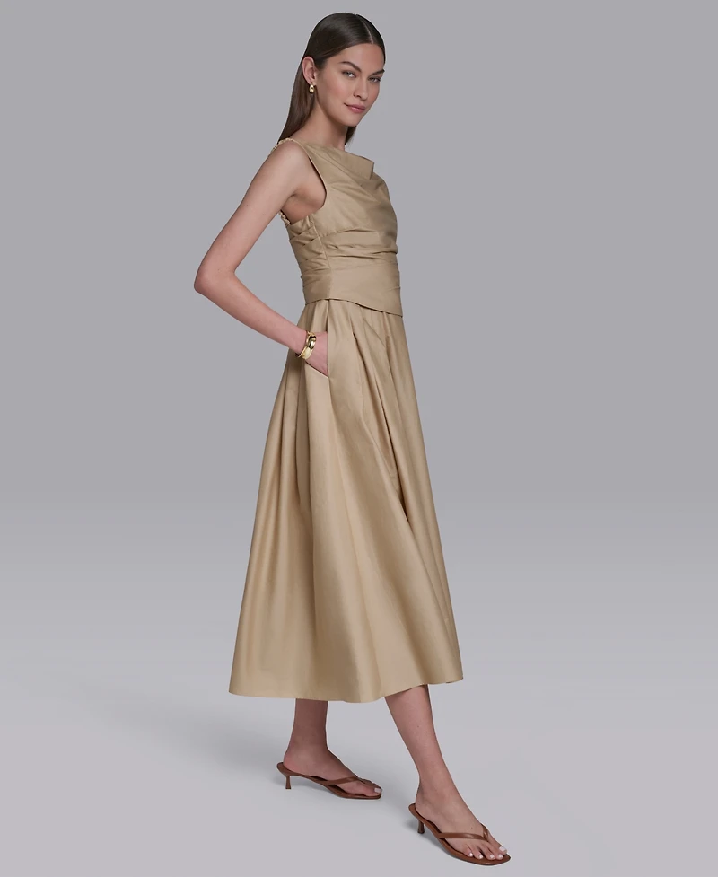 Halston Women's Boat Neck Sleeveless Pleated Midi Dress