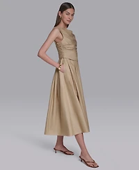 Halston Women's Boat Neck Sleeveless Pleated Midi Dress