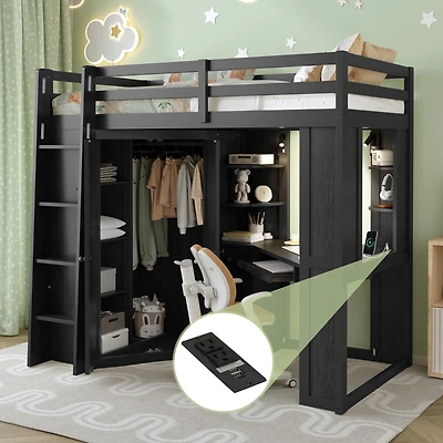 Streamdale Furniture Twin Loft Bed w/Wardrobe, Desk, Charging and Lights