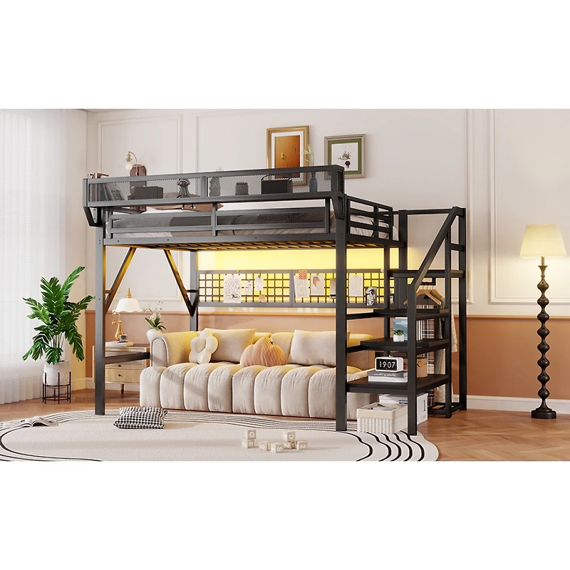 Streamdale Furniture Metal Loft Bed with Stairs, Light and Storage