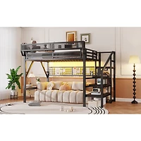 Streamdale Furniture Metal Loft Bed with Stairs, Light and Storage