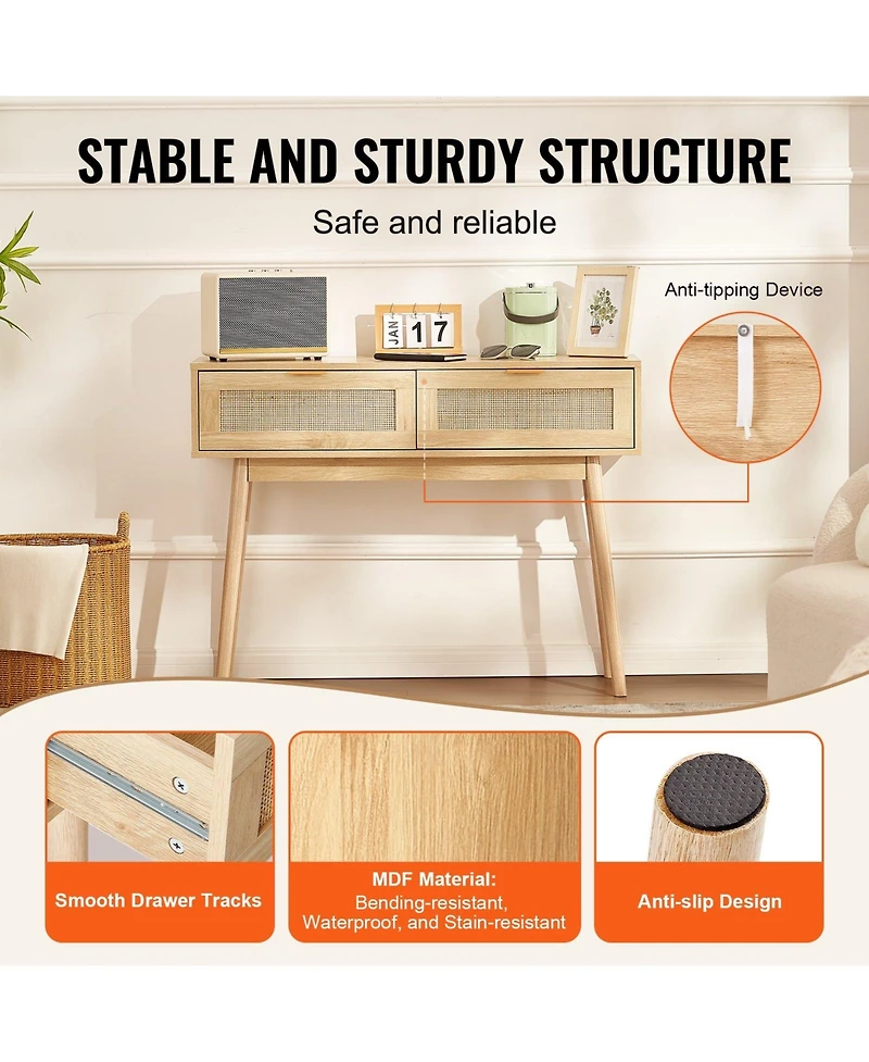 Gouun Rattan Console Table with 2 Drawers and Sliding Door