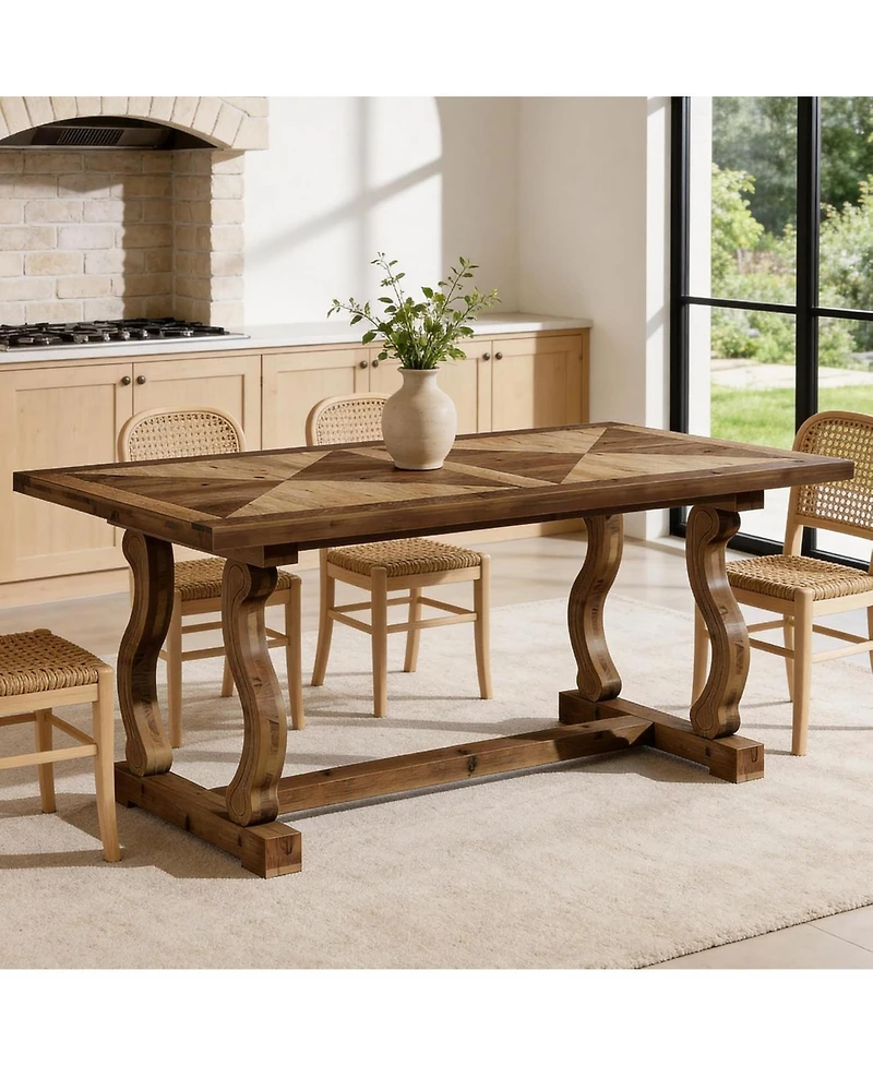 Tribesigns Solid Wood Dining Table for 4-6 People, 63" Farmhouse Rectangle Kitchen Table with Diamond Parquetry Top and S-Scroll Legs
