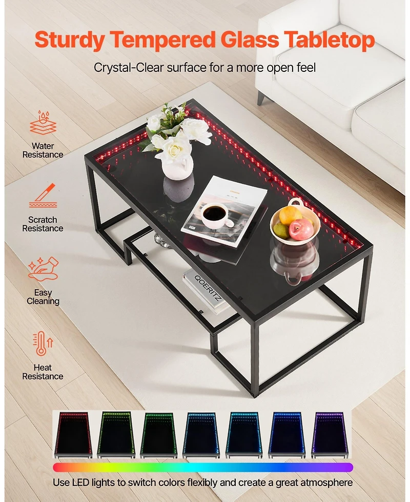 Gouun Led-Lit Tempered Glass 2-Tier Coffee Table with Metal Frame