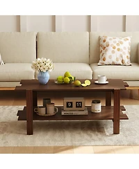 Gouun 45-Inch 2-Tier Slatted Wood Coffee Table with Storage