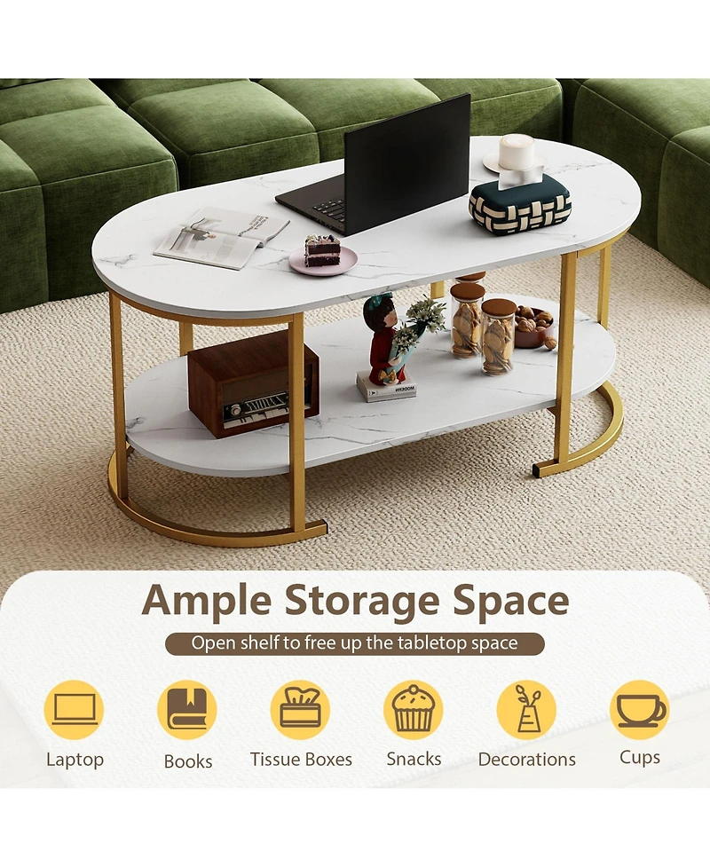 Gouun Oval 2-Tier Coffee Table with Open Storage Shelf