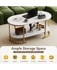 Gouun Oval 2-Tier Coffee Table with Open Storage Shelf
