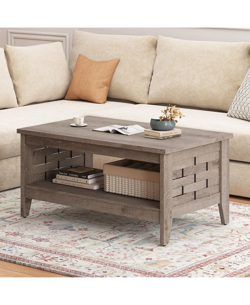 Gouun 39.5 in Farmhouse 2-Tier Coffee Table with Woven Accents and Open Storage Shelf