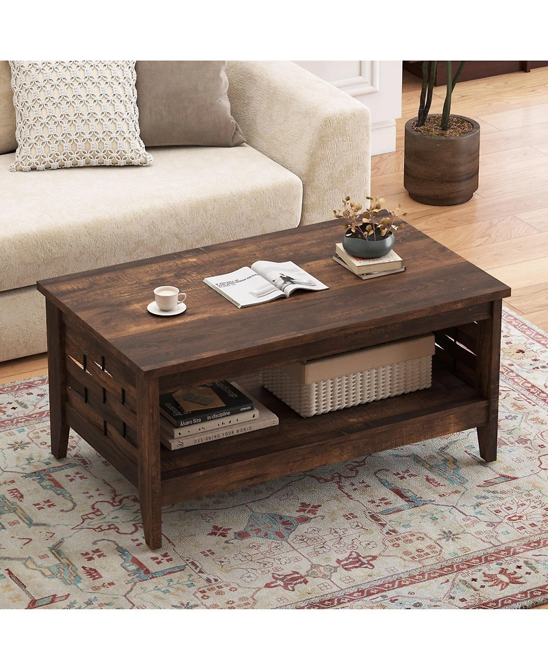 Gouun 39.5 Farmhouse 2-Tier Coffee Table with Woven Accents and Open Storage Shelf