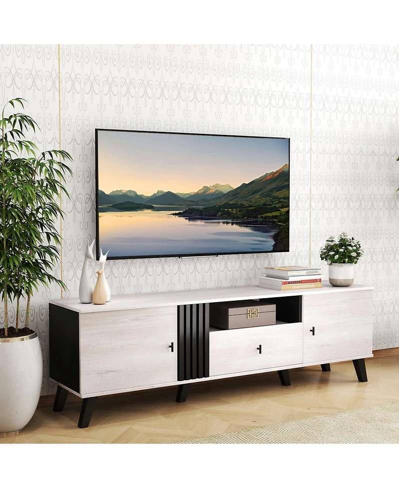 Sugift Mid Century Modern Tv Stand Entertainment Center TVs-Oak