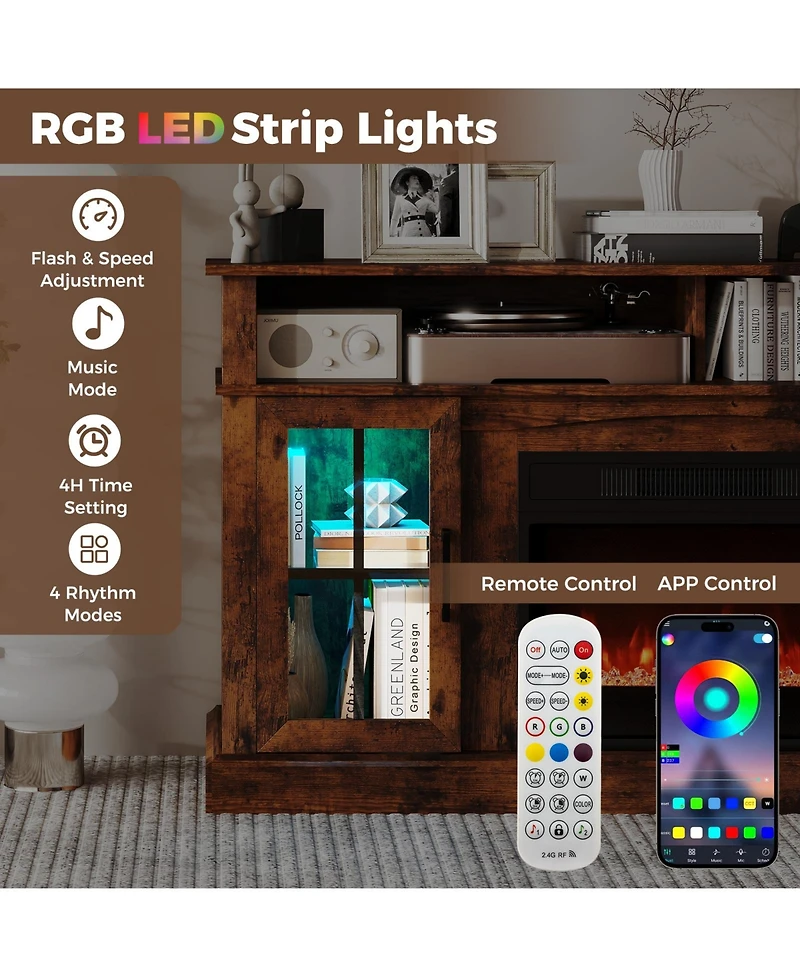 Sugift 58 Inch Fireplace Tv Stand with Led Lights with Storage Cabinets and Glass Doors-Rustic