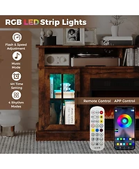 Sugift 58 Inch Fireplace Tv Stand with Led Lights with Storage Cabinets and Glass Doors-Rustic