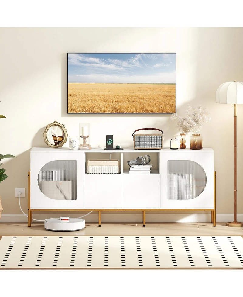 Sugift Tv Stand for 70 Inch Tv with Power Outlets Drawers and Open Shelves