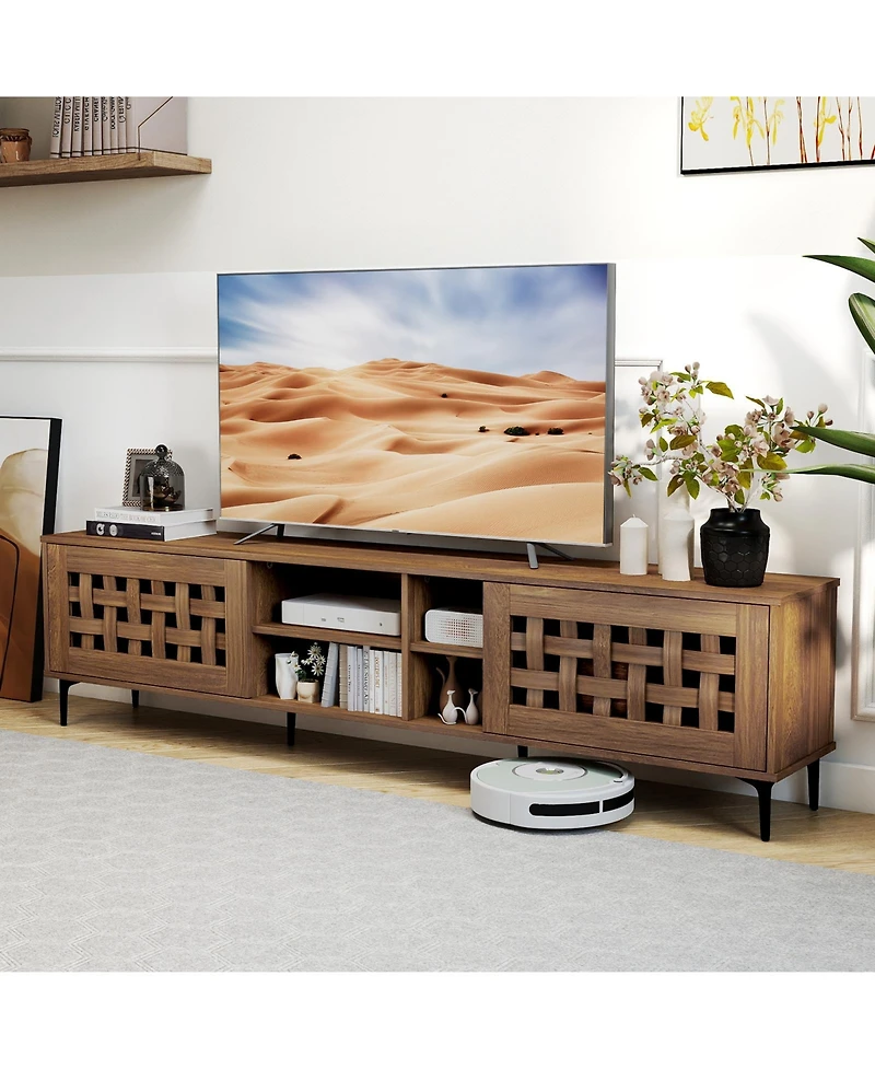 Sugift Tv Stand for TVs with 2 Doors and Storage Cabinets-Walnut