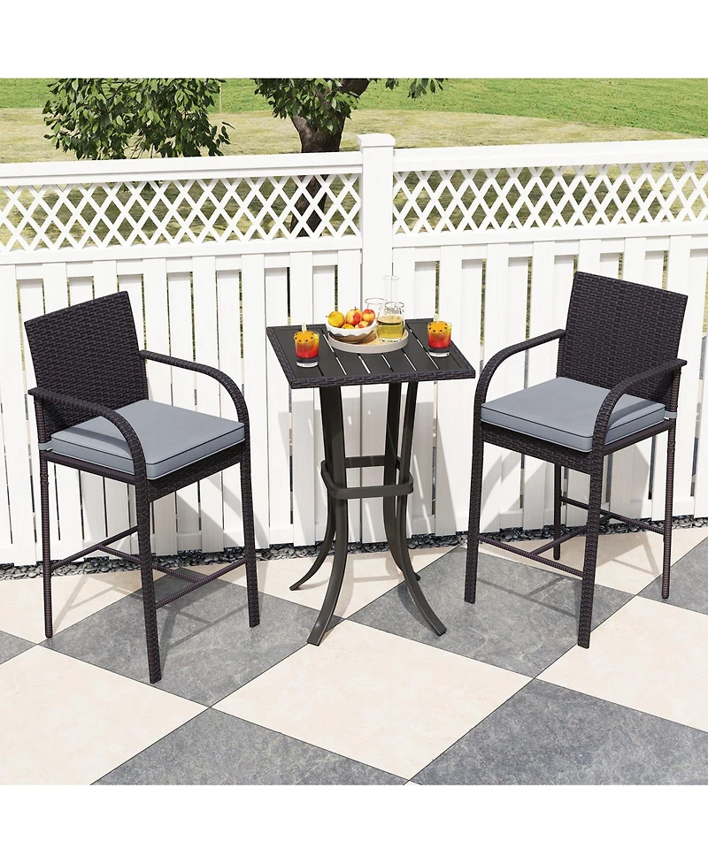 Gouun 3-Piece Patio Pe Rattan Bar Height Chairs and Square Table Set with Cushions