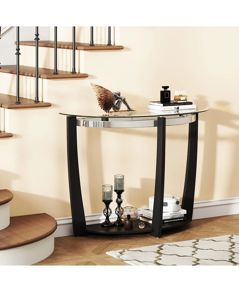 Gouun 2-Tier Tempered Glass Half-Moon Console Table with Open Shelf, 40 x 16 x 30 in