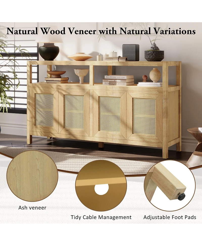Rainsken Rattan Buffet Storage Cabinet, Bohemian Style Sideboard with Adjustable Shelves, No-Handle Push-to-Open Design for Living and Dining Rooms