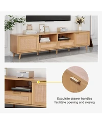 Rainsken Rattan Tv Stand for TVs , Media Console, Entertainment Center with 2 Drawers, 2- Open Shelves and Storage Cabinet for Living Room